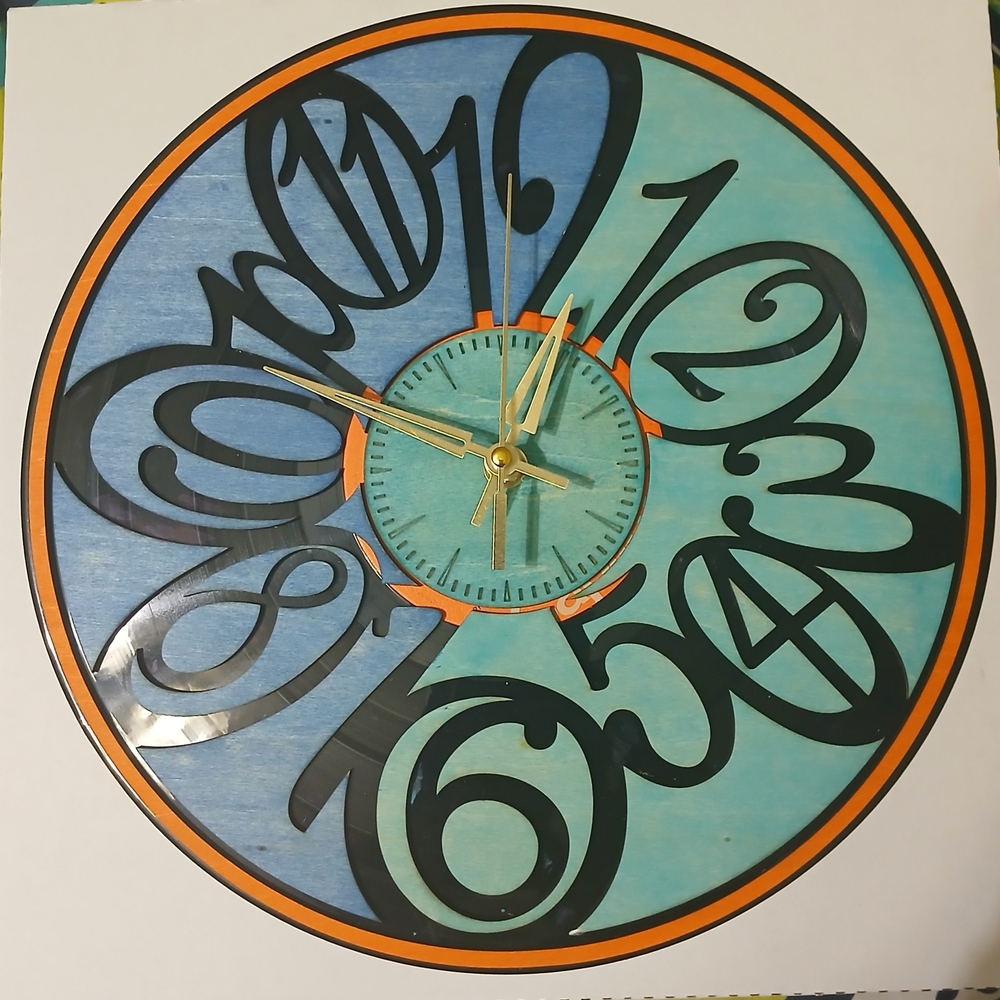 Modern Blue and Black Vinyl Record And Wood Wall Clock